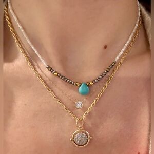 Beachy beaded mixed metal choker with genuine turquoise charm